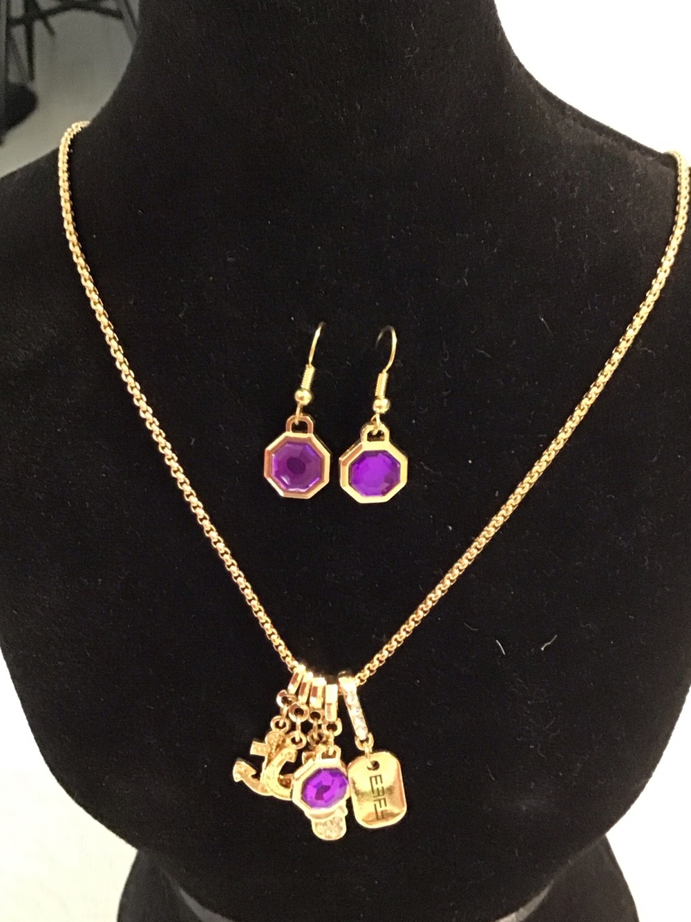 Gold-Tone Necklace and Earring Set with Purple Gem Accents by Effy. NWOT